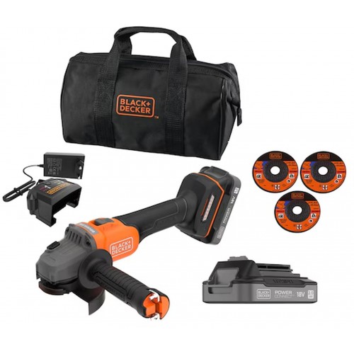 Black & Decker BCG6L8D2S-QW Akku bürstenloser Winkelschleifer (18V/2x2,0Ah), 3x Scheibe