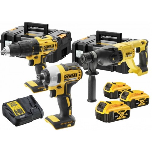 DeWALT Akku-Kombi-Werkzeugsatz 18 V 3 x 4,0 Ah Li-Ion XR mit Koffern, DCK369M3T