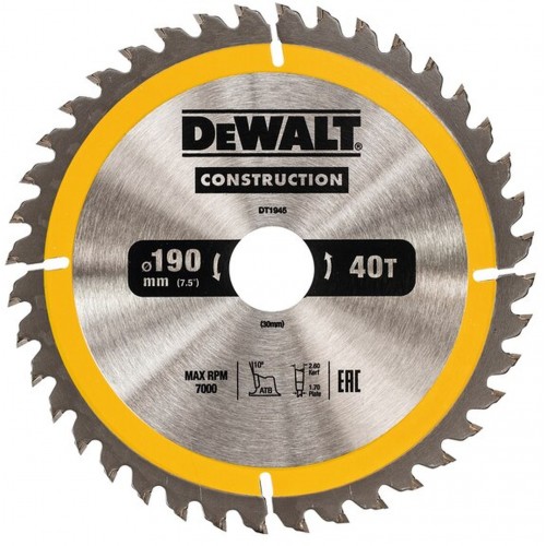 DeWALT DT1945-QZ Kreissägeblatt für Handkreissägen, 190 x 30 mm, 40WZ