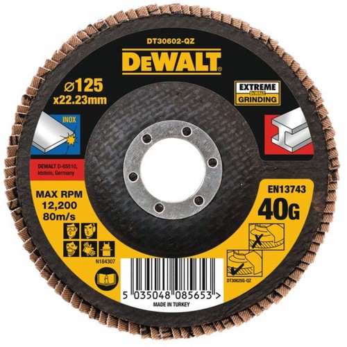 DeWALT DT30602-QZ Extreme Fächerscheibe 4 1/2" 125 mm x 22,23 mm Körnung 40 DeWALT DT30602-QZ Extreme Fächerscheibe 4 1/2" 125 mm x 22,23 mm Körnung 40