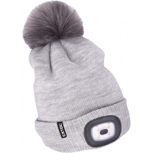 EXTOL LIGHT Kappe mit Stirnlampe 4x45lm, USB-Aufladung, hellgrau mit Bommel 43465