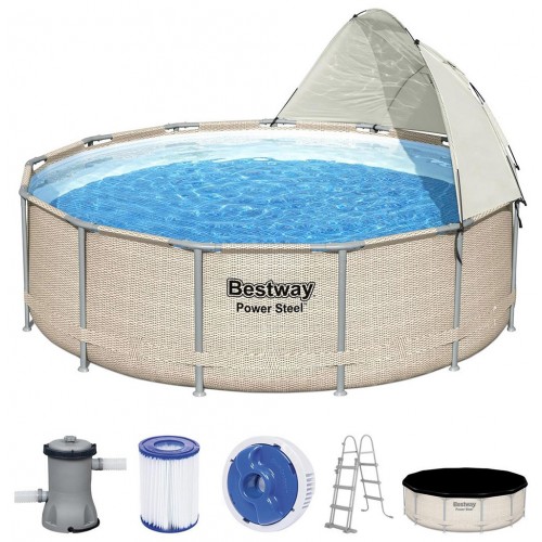 BESTWAY Power Steel Frame Pool 396 x 107 cm, Komplett-Set mit Filterpumpe, Rattan 5614V