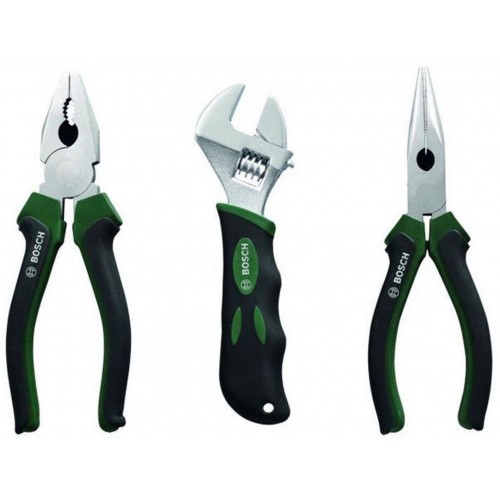 BOSCH 3tlg.Zangen Set mit Rollgabelschlüssel, Spitzzange Kombinationszange Satz 2607017345