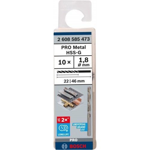BOSCH PRO Metal HSS-G Spiralbohrer, 1,8 x 22 x 46 mm, 10-tlg. 2608585473