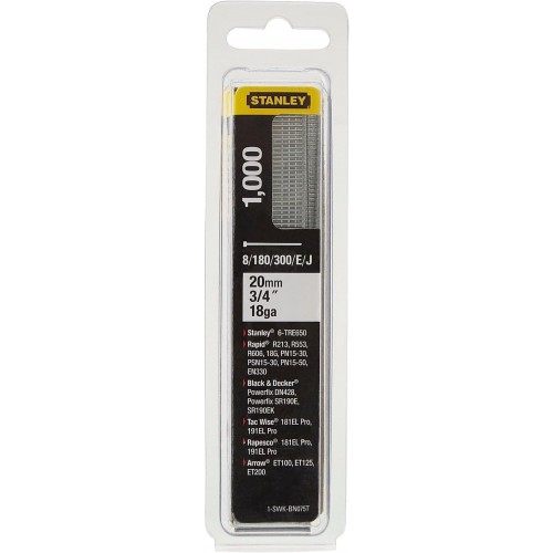 Stanley 1-SWKBN075T 20mm/3/4"/18 Tackernägel Typ 8/300/E/J, 1000 Stück Stanley 1-SWKBN075T 20mm/3/4"/18 Tackernägel Typ 8/300/E/J, 1000 Stück