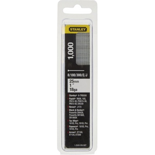 Stanley 1-SWKBN100T 25mm/1"/18 Tackernägel Typ 8/300/E/J, 1000 Stück Stanley 1-SWKBN100T 25mm/1"/18 Tackernägel Typ 8/300/E/J, 1000 Stück