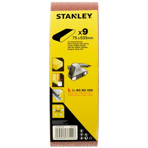 Stanley STA33481-QZ Schleifbänder 75x533mm, 3x P60, 3x P80, 3x P100, 9 Stück Stanley STA33481-QZ Schleifbänder 75x533mm, 3x P60, 3x P80, 3x P100, 9 Stück