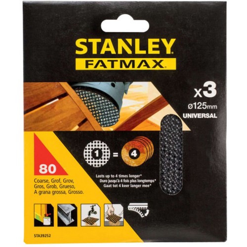 Stanley STA39252-XJ Schleifgitter für Exzenterschleifer 125mm, P80, 3 Stück Stanley STA39252-XJ Schleifgitter für Exzenterschleifer 125mm, P80, 3 Stück