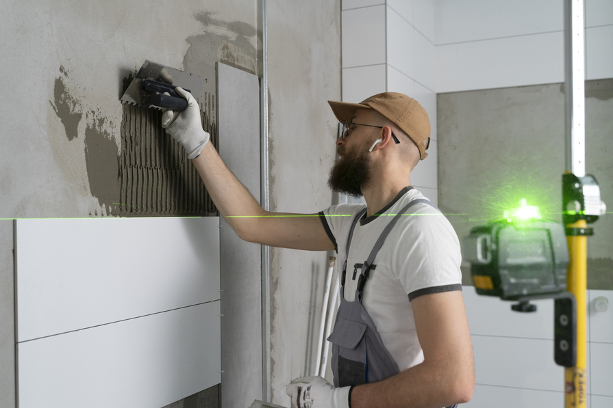 Handwerker verlegt Fliesen an einer Wand und verwendet dabei eine Kelle. Ein Lasergerät hilft ihm, eine gerade Linie zu halten.