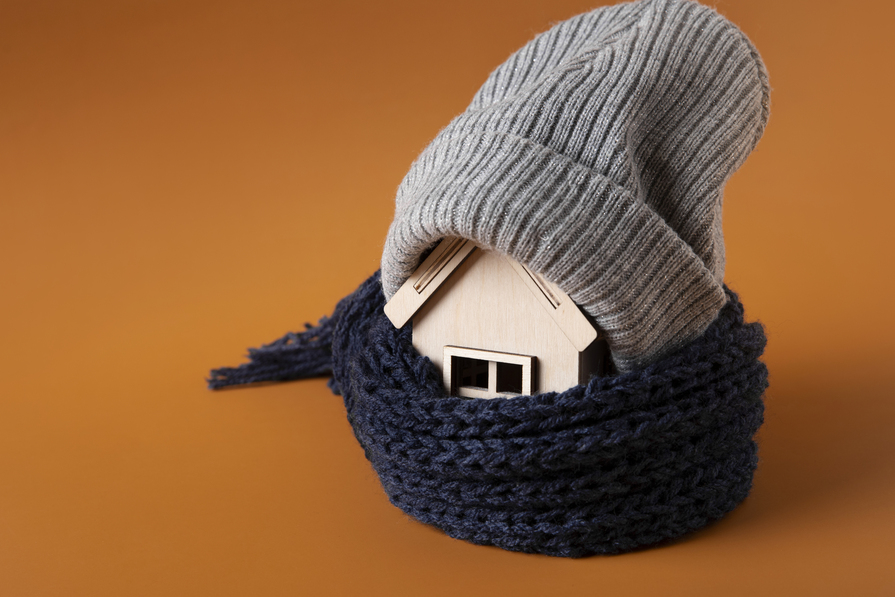 Kleines Holzhaus mit Schal und Mütze als Symbol für Wärmedämmung, Energieeffizienz und Schutz vor Kälte im Winter.