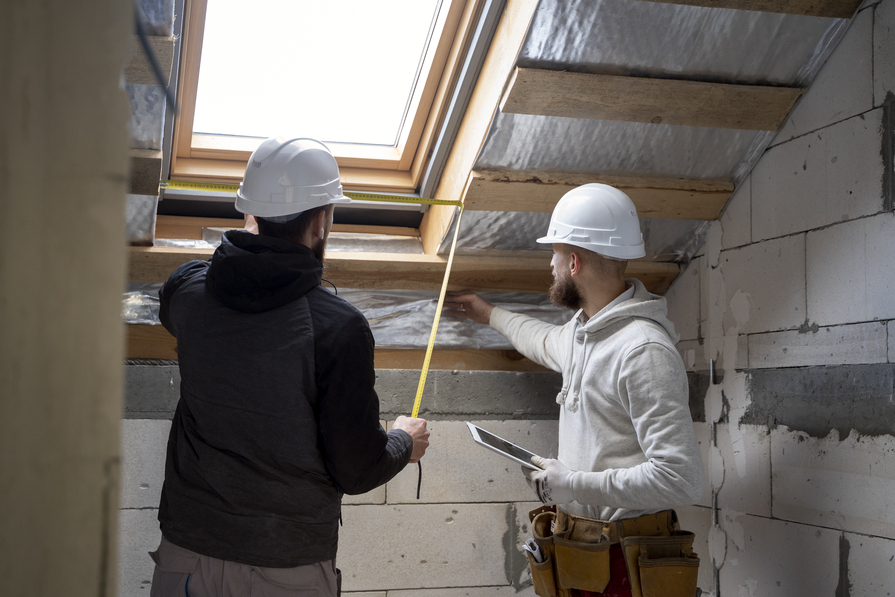 Zwei Handwerker mit Schutzhelmen messen und prüfen den Einbau eines Dachfensters im Rohbau eines Hauses.