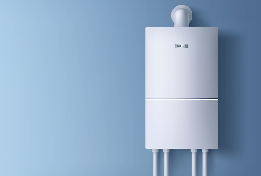 Moderne Boileranlage an einer blauen Wand, mit sichtbaren Rohren und einer Beschriftung "BOILER".