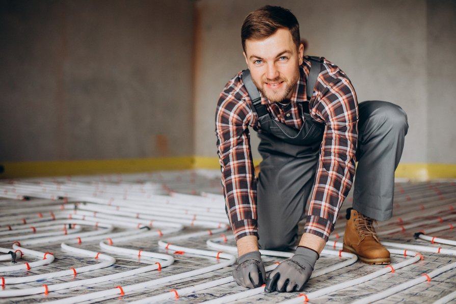 Handwerker verlegt Fußbodenheizung im Innenraum.